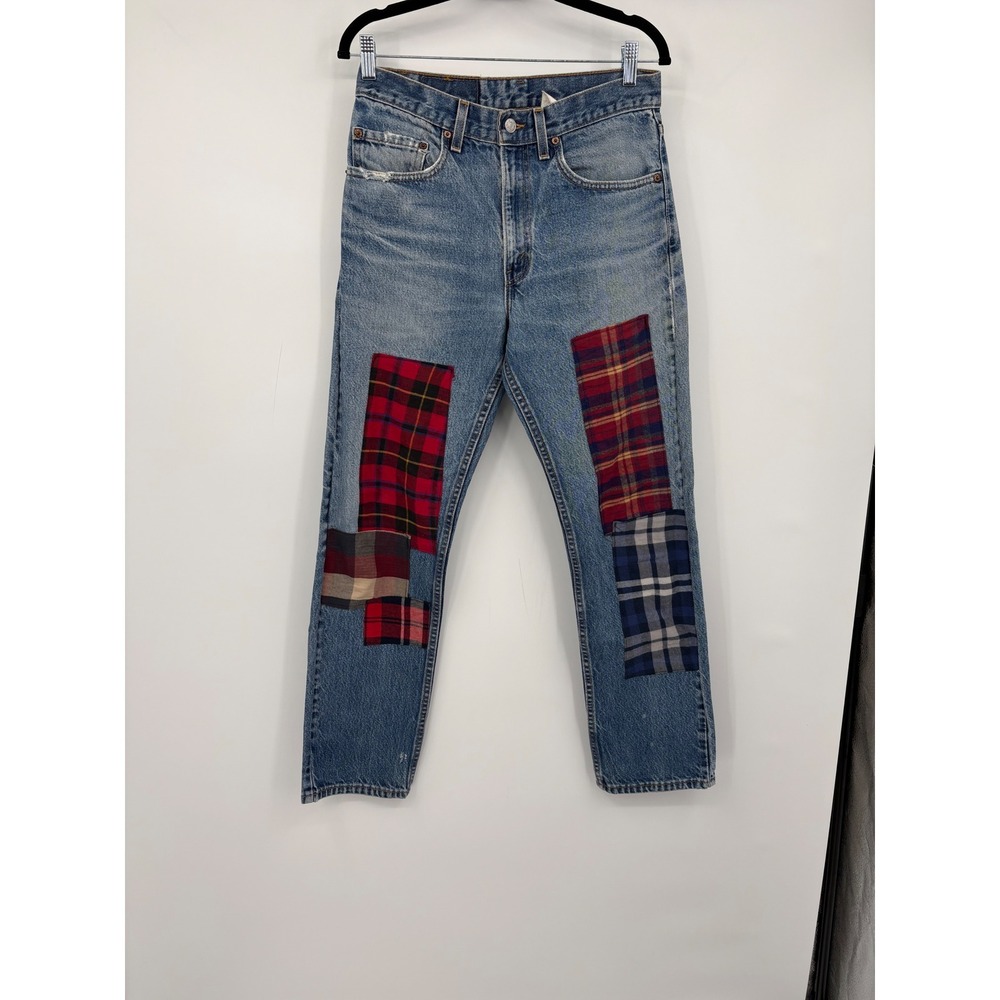 Vintage Levis Custom Plaid Patchwork Denim Jeans Light Wash Straight Leg 30